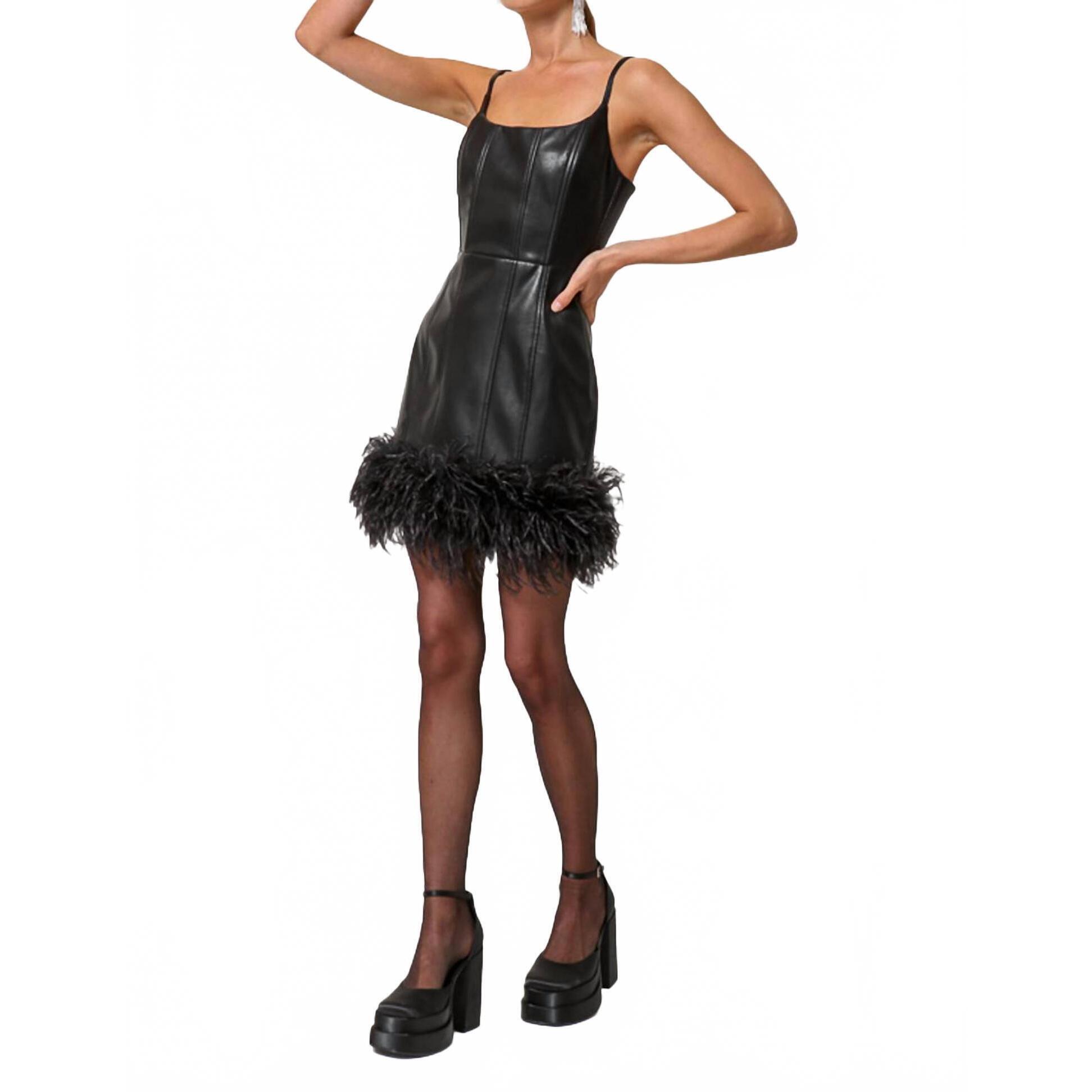 New Line And Dot Lou Feather Hem Leather Mini Dress In Black